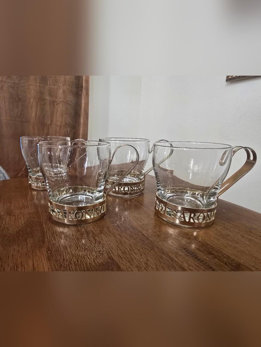 Set 4 VTG Disaronno Amaretto Coffee Espresso Cups With Brass Holders Clear Glass